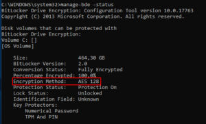 Screenshot of the manage-bde -status command to check BitLocker status.