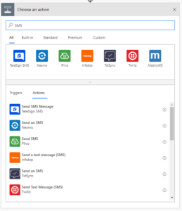 A screenshot of the SMS providers in Microsoft Flow